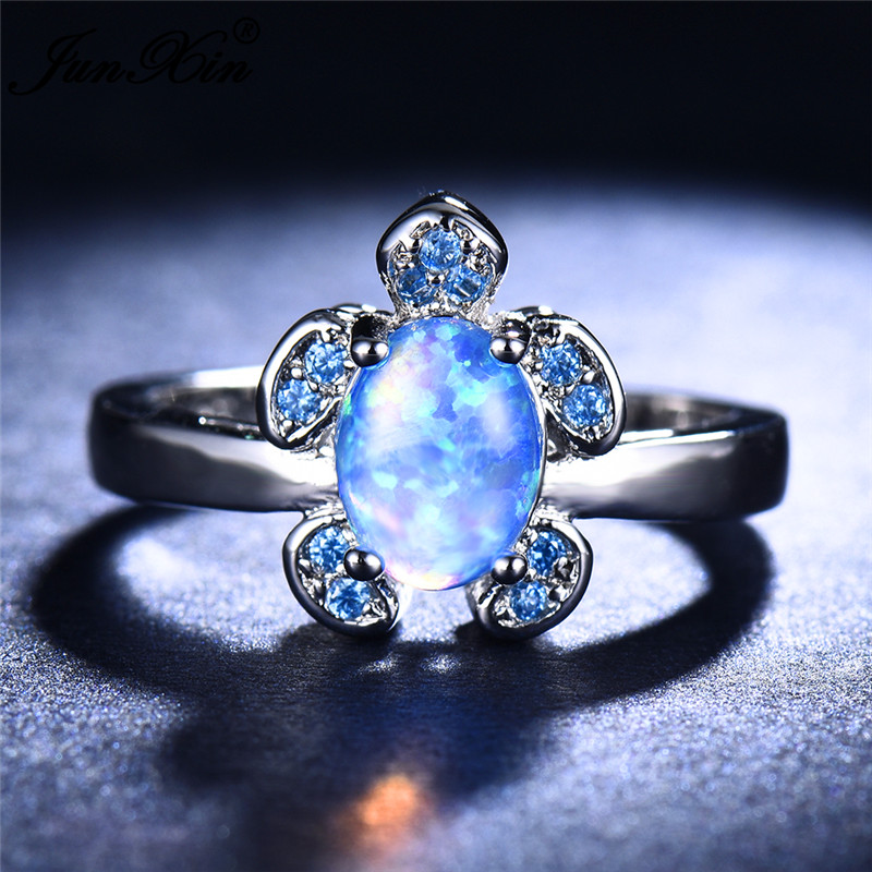Cute Female Girl Blue Fire Opal Stone Ring 925 Sterling Silver Engagement Rings For Women Boho Frog Animal Wedding Rings