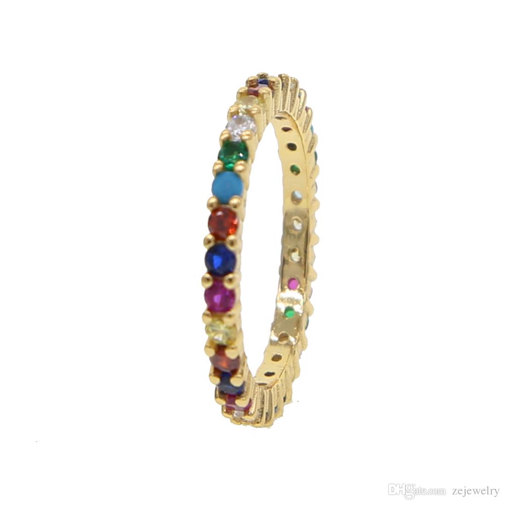 New design 925 Sterling silver gold multi color eternity band delicate rainbow cute girl women colorful beautiful full cz stack skinny rings