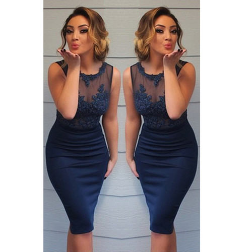 Women Evening Party Wrap Dresses Blue Dress 2019 Lace New Style Package Hip Bodycon Knee-Length Formal Wrap Dresses