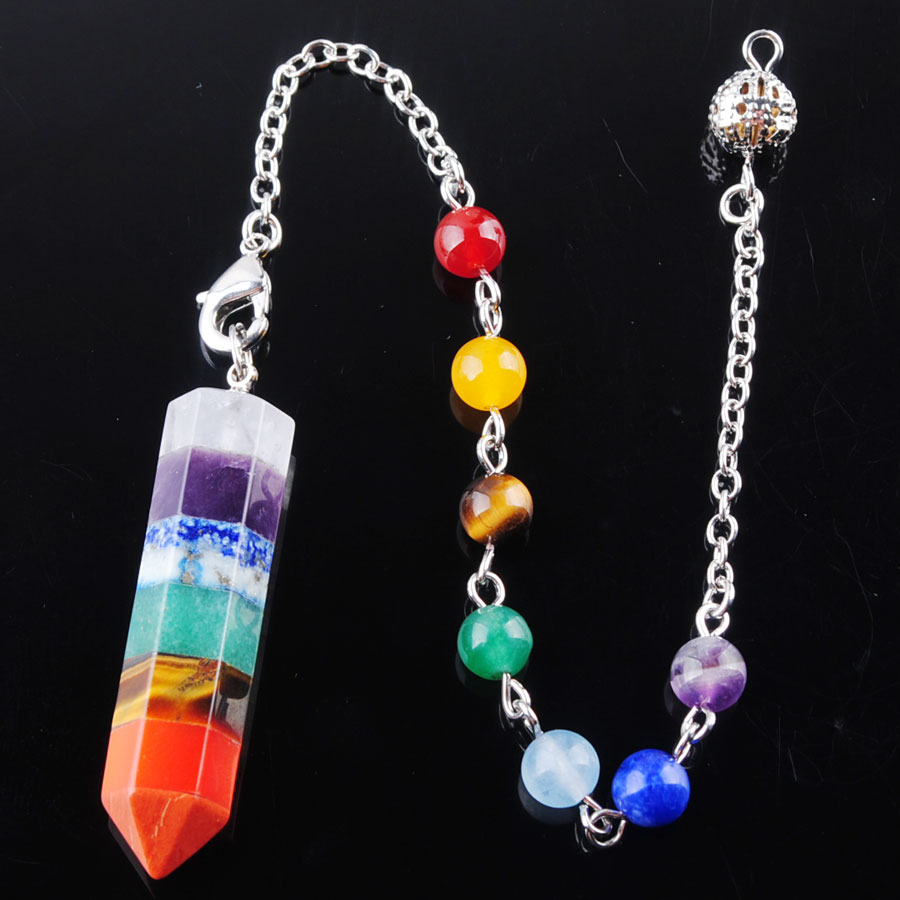 WOJIAER Rainbow 7 Chakra Layered Pendant Necklace Healing Dowsing Reiki Pendulum With Chain BN360