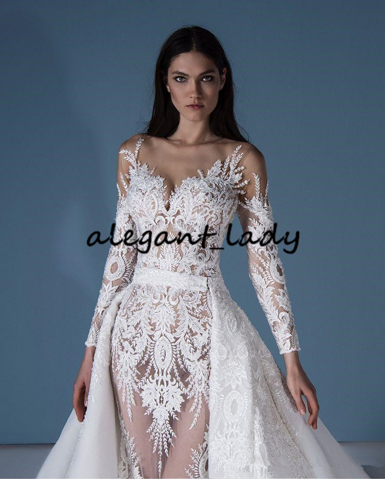 Illusion Long Sleeve Wedding Dresses with Detachable Train 2020 White Lace Applique Nude Net Mermaid Arabic Dubai Bride Wedding Gown