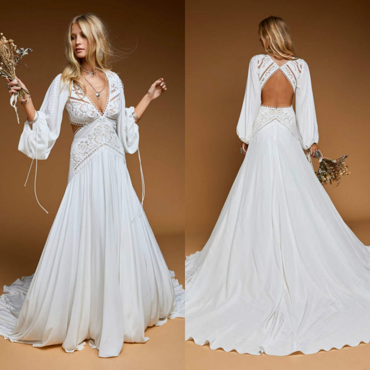 2020 Cowboy Bohemian Wedding Dresses Deep V Neck Hollow Back Long Sleeve Wedding Gowns Chiffon Boho Bridal Dress Abiti Da Sposa