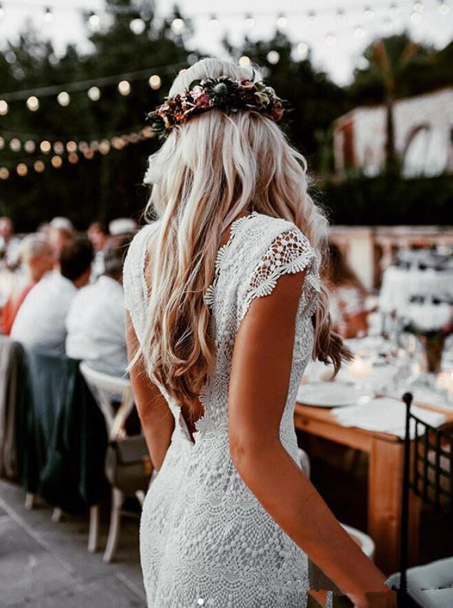 Crochet cotton Lace Mermaid Wedding Dresses Cap Sleeve Low Back Cotton Lace Bohemian western Country Garden Bridal Wedding gowns