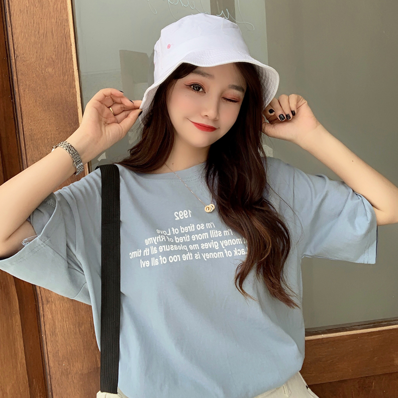 Women Short Sleeve T-shirt Letter Print Simple Fashion Chic Round Neck 2020 Spring Summer New Trending Clothes Harajuku Tops, Sky blue
Women Short Sleeve T-shirt Letter Print Simple Fashion Chic Round Neck 2020 Spring Summer New Trending Clothes Harajuku Tops, Sky blue
