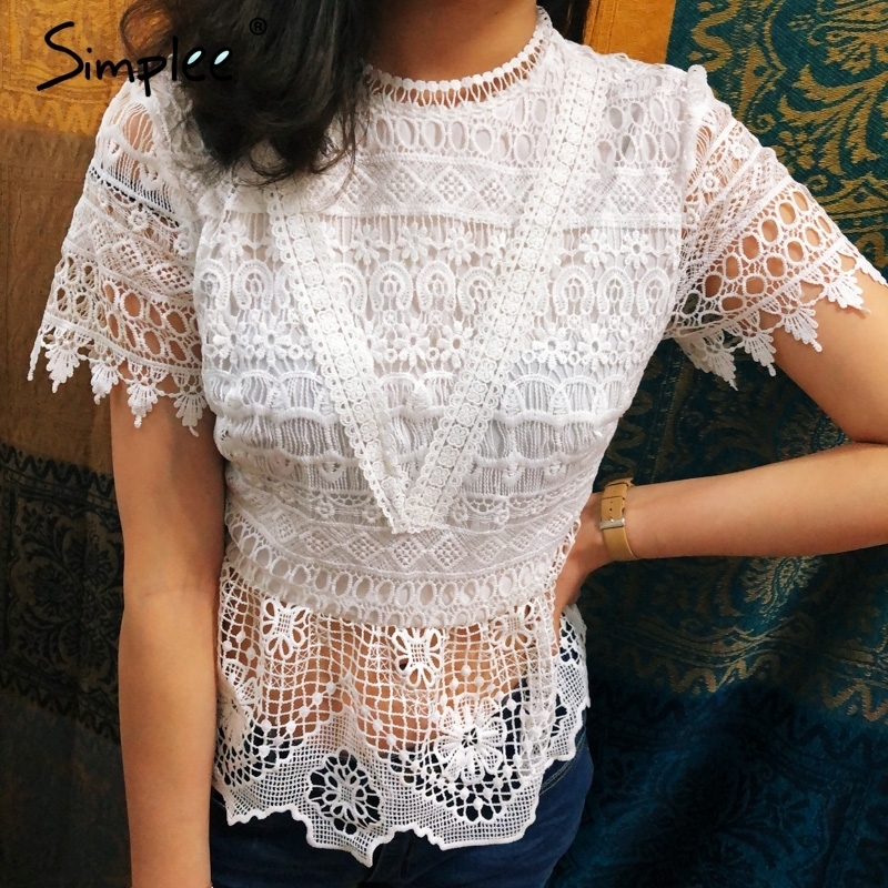 Simplee Elegant Lace Embroidery Women Blouse Shirt Short Sleeve Hollow Out Female Peplum Top Shirt Summer Ladies White Blouse Y19070101