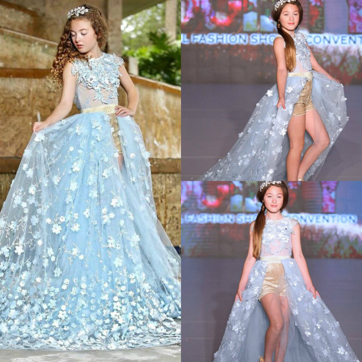 Gorgeous Lace Flower Girl Dresses With Detachable Train Jewel Neck Lace 3D Floral Appliqued A Line Girls Pageant Dress Kids Formal Wear