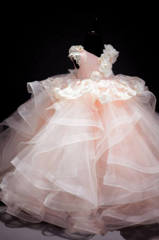 Blush Pink Ball Gown Flower Girls Dresses 2020 Ruffles Tiered Skirt 3D Floral Cap Sleeve Little Princess Birthday Communion Party Gown