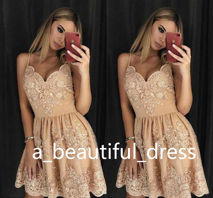 Sexy Champagne Short Homecoming Dresses Lace Applique Spaghetti Cocktail Party Dresses Graduation Dresses vestido de fiesta GD7792