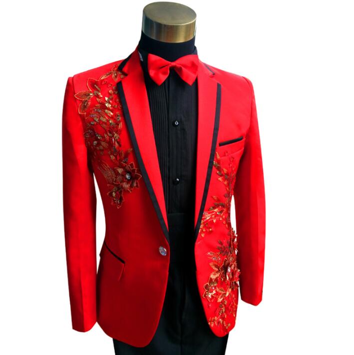 Blazer men groom suit set with pants mens wedding suits stage Three-dimensional embroidery personality formal dress red
Blazer men groom suit set with pants mens wedding suits stage Three-dimensional embroidery personality formal dress red