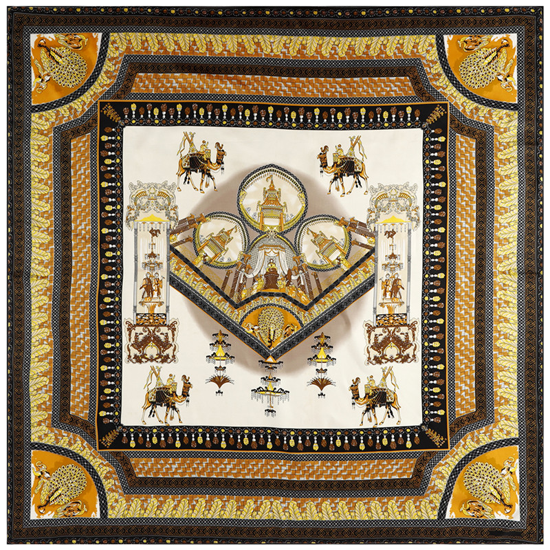 Scarf Twill 100% Silk Scarf For Women Camel Castle Print Square Scarves Hijab Kerchief For Ladies Shawls