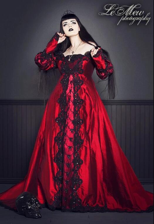 Vintage Gothic Wedding Dresses Square Neck Long Sleeve Black Lace Rhinestones Red Wedding Gowns Custom Made Plus Size Vestidos de Novia