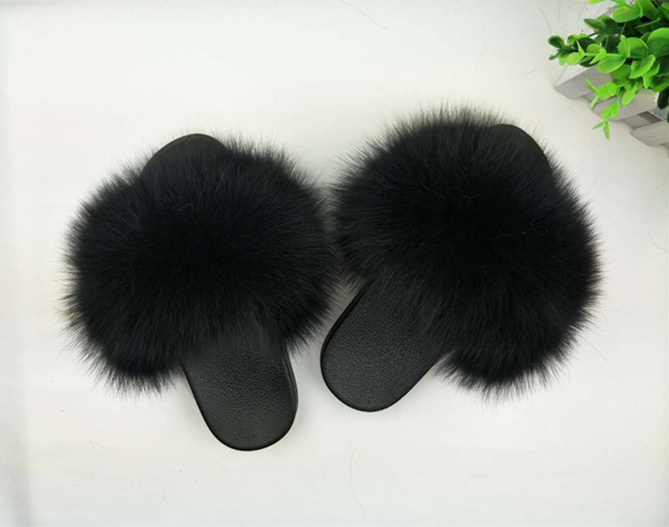 Hot Sale-Real Fur Slippers Women Fox Home Fluffy Sliders With Feathers Furry Summer Outdoor Flats Sweet Ladies Candy Color Shoes Size 45