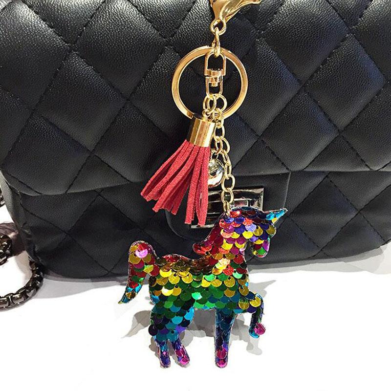 30pcs/Lot Animals Horse Keychains Sequins Car Pendant Ornament Key Ring for Girls Bag Decoration Keyring Jewelry Key Chain
