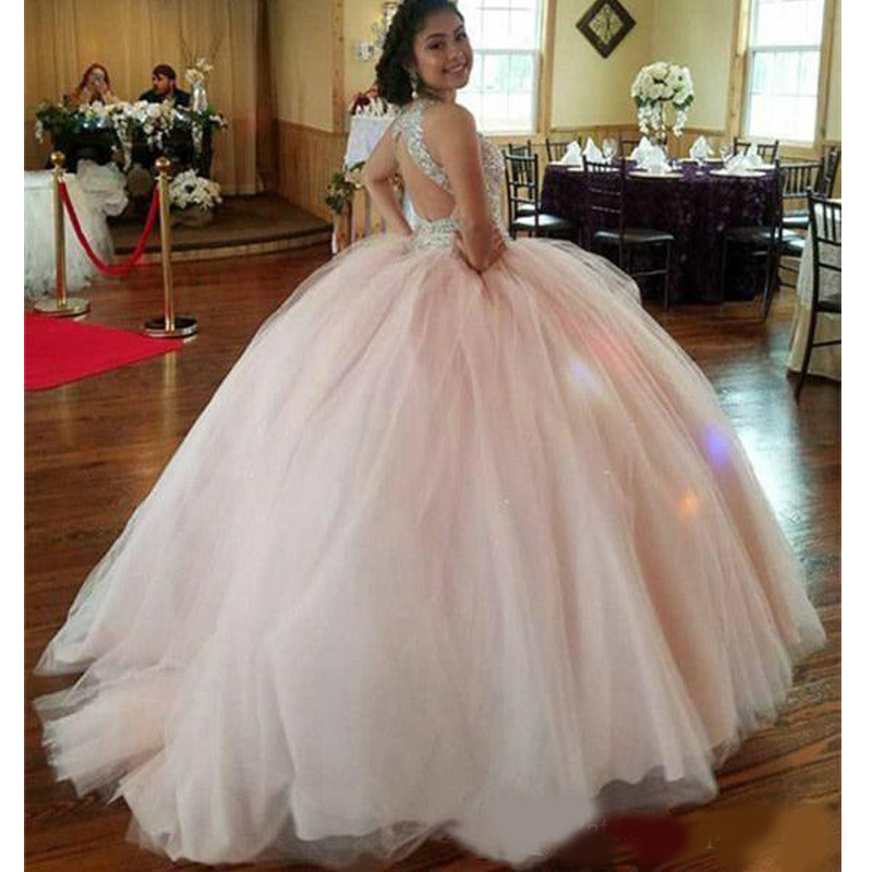 Crystal Sequin Quinceanera Dresses Puffy Tulle Pink Ball Gown Vestidos 15 anos Sweet 16 Party Pageant Dresses Open Back Plus Size