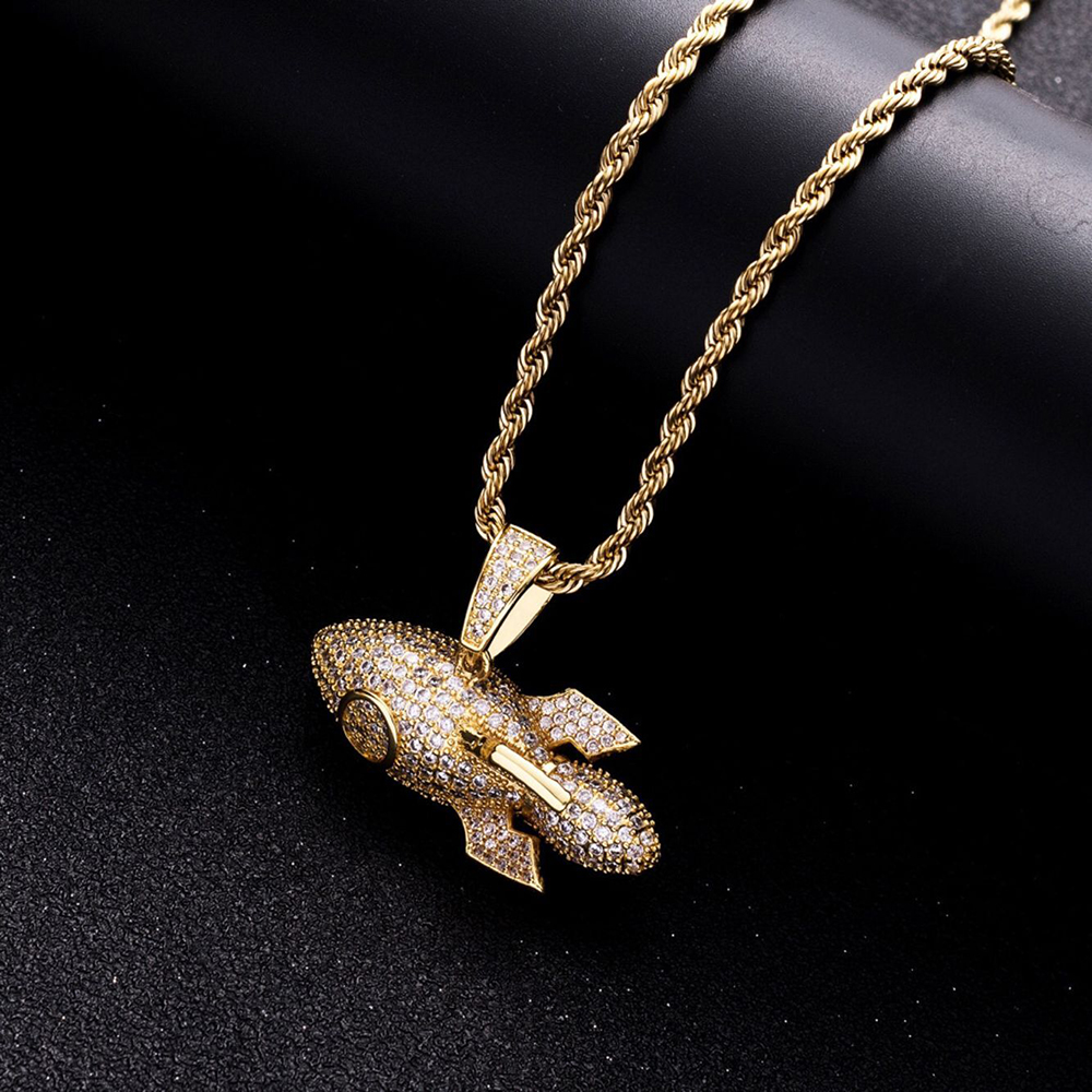 New Men039s Cool Golden Rocket Iced Out Pendant Necklace Fashion Hip hop Rock Jewelry With Rope chain For Gift