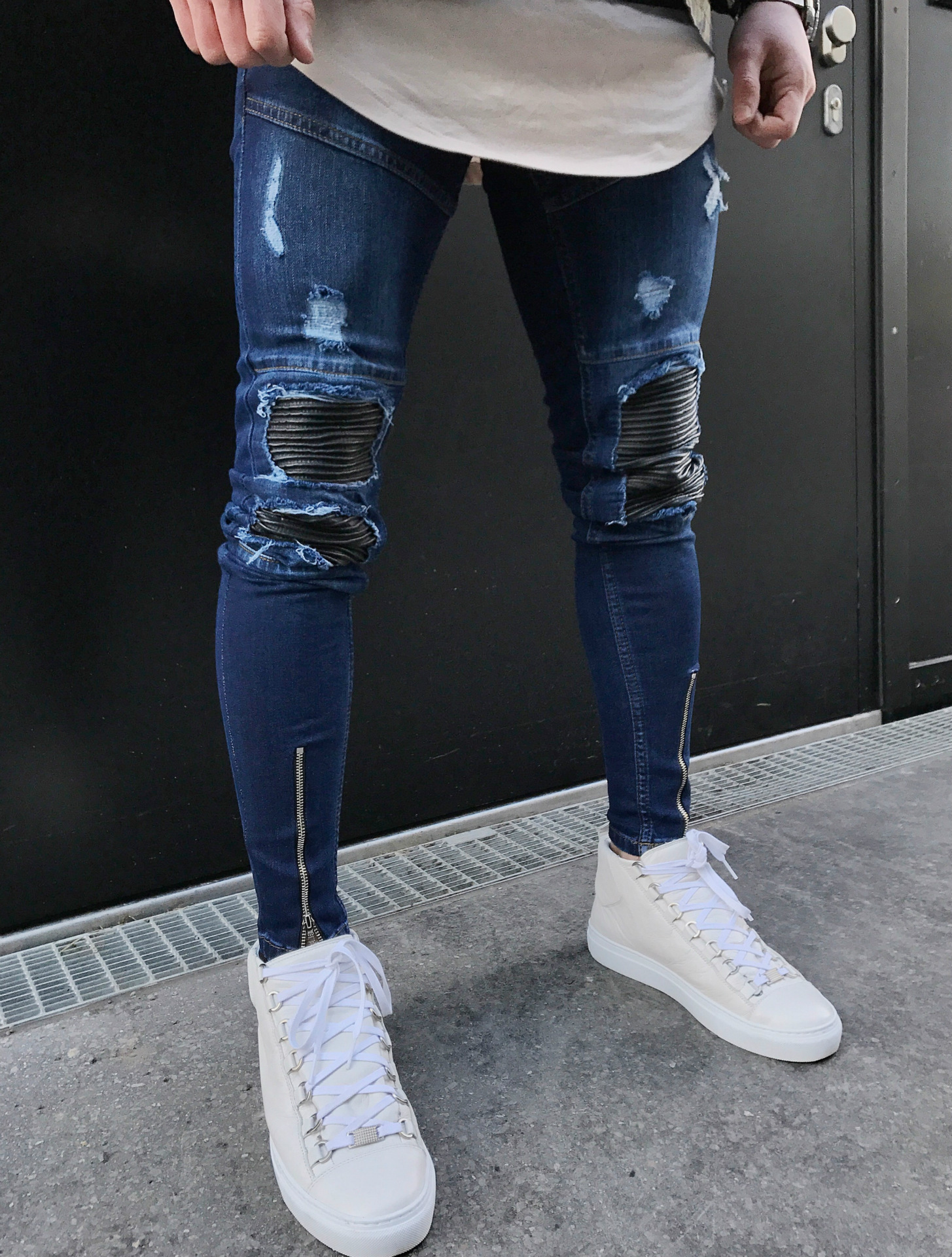 Fashion- Vintage Blue biker Jeans for men stretch denim skinny jeans Hip hop male streetwear Holes motorcycle pants