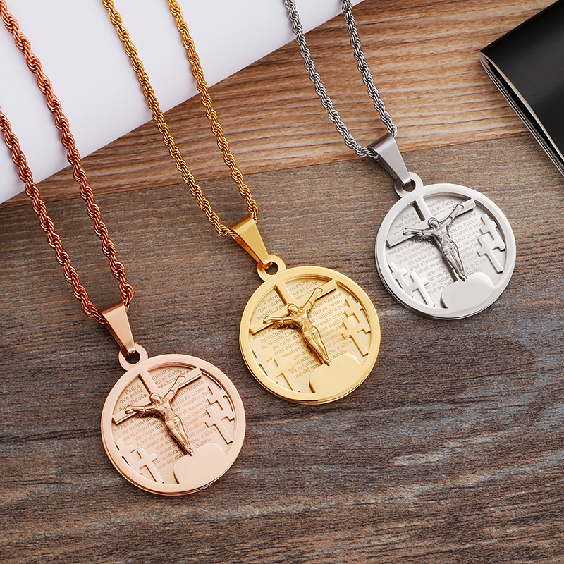 Jesus Cross Pattern Pendant Necklace Jewelry Round Shape Stainless Steel Gold Plated Pendants Men Women Religious Jewelry