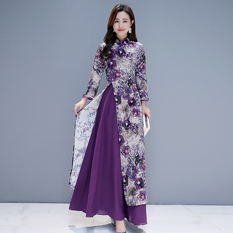 New long ao dai vietnam Style dress for women traditional ethnic clothing purple gown oriental dress Chinese improved cheongsam Qipao