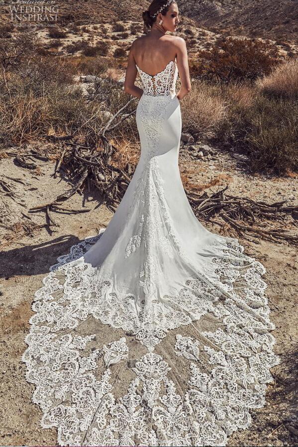2019 Lace Wedding Dresses Sweetheart Appliqued Satin Sweep Train Illusion Bodice Mermaid Wedding Dress Custom Plus Size Beach Bridal Gowns