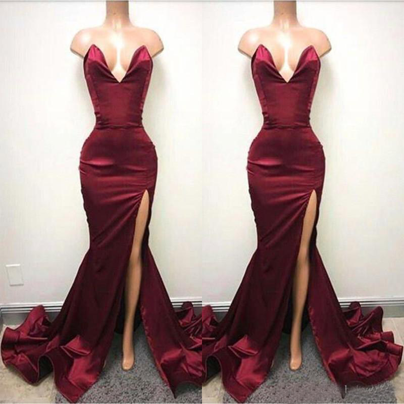 2019 Hot Burgundy Mermaid Prom Dresses Sexy Backless Sweetheart High Split Long Evening Gowns Ruched Celebrity Holiday African Party Gowns