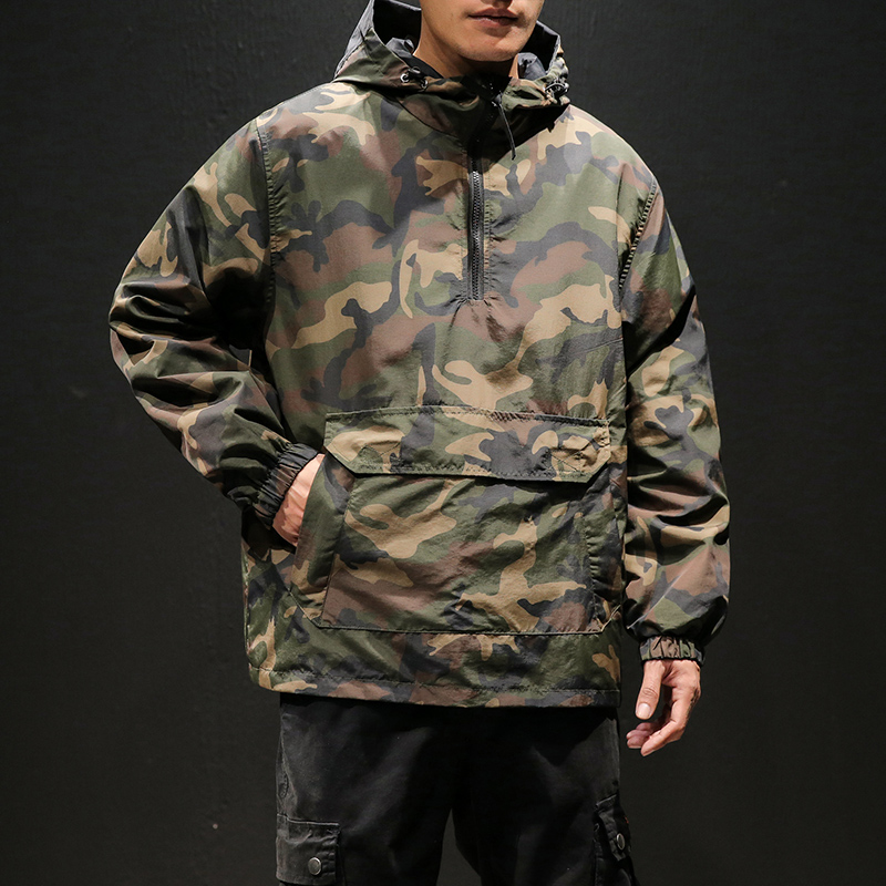 YASUGUOJI New 2019 Autumn Japanese Vintage Camouflage Jacket Men Streetwear Pullover Men Jacket Pocket Loose Hooded Mens Jackets