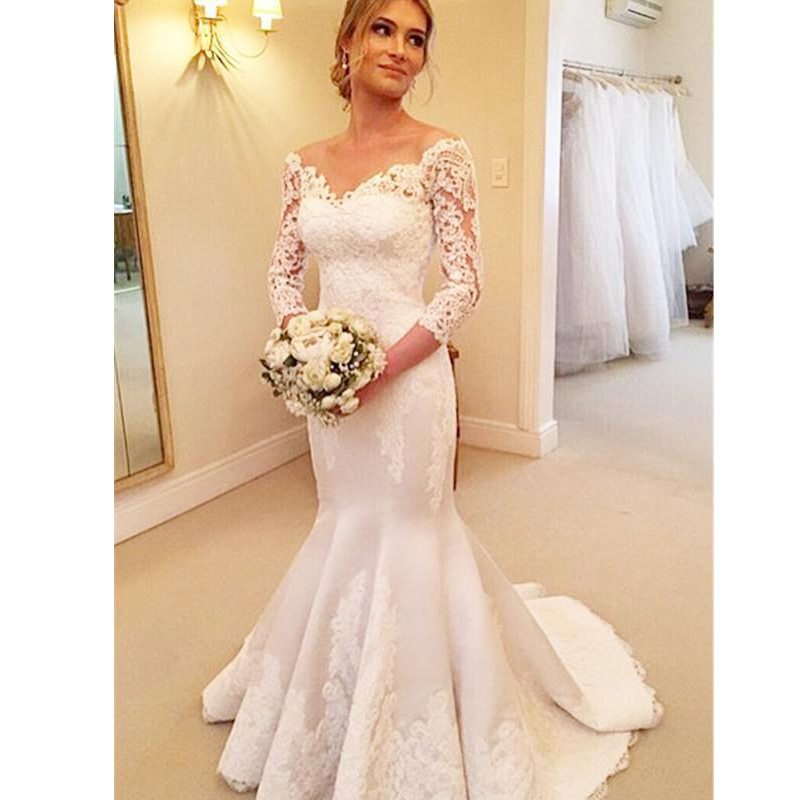 2020 Lace Appliques Mermaid Wedding Dresses Off the Shoulder Long Sleeves Bridal Dresses Gowns Plus Size Vestidos Wedding Party Gowns Cheap