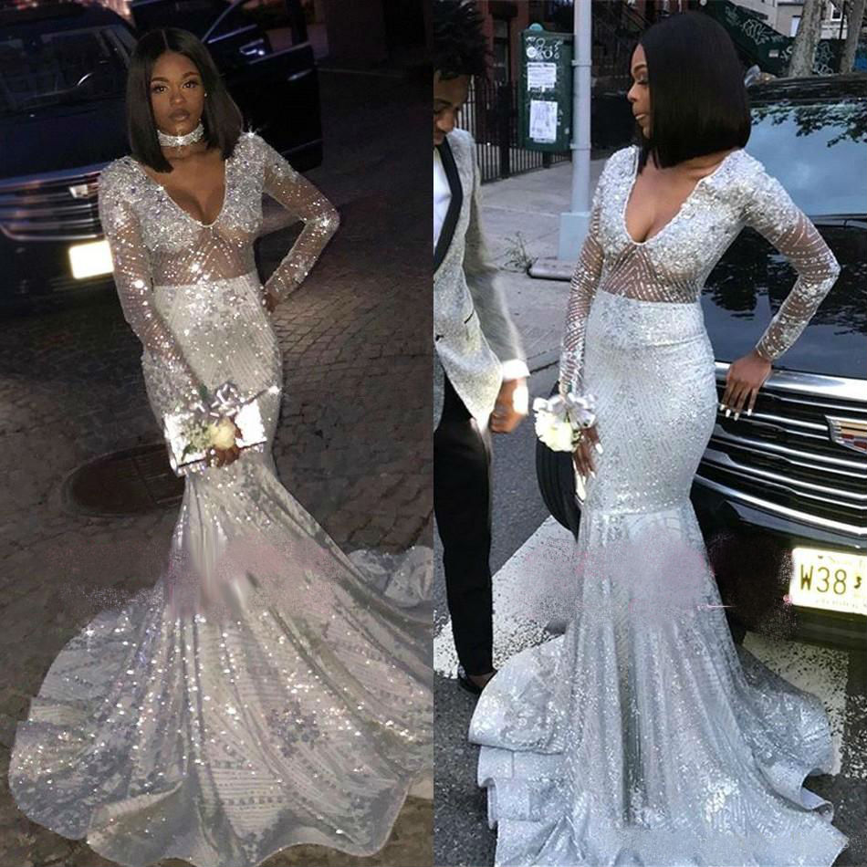 Sparkly Sequins Mermaid Prom Dresses 2019 Long Sleeve Ruffles Sweep Train Evening Gowns Luxury Cocktail Party Dresses robes de soirée