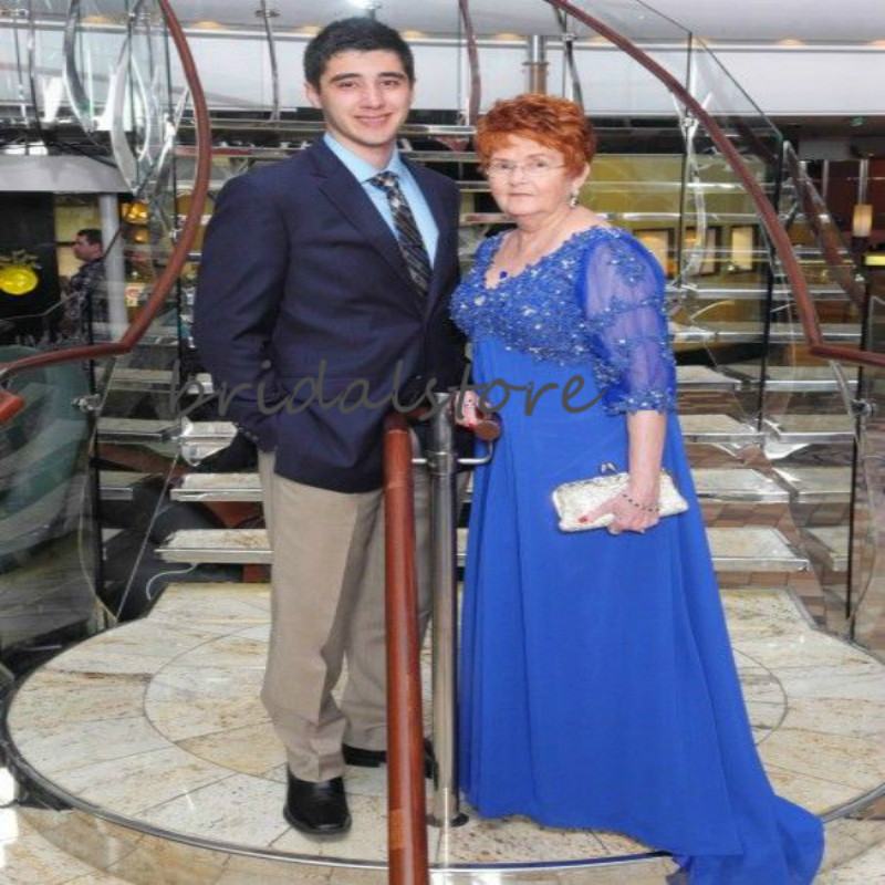 Boho Blue Mother Of The Bride Dresses Plus Size Chiffon Long Groom Mom Evening Party Gowns V Neck Appliques 1/2 Sleeves 2020