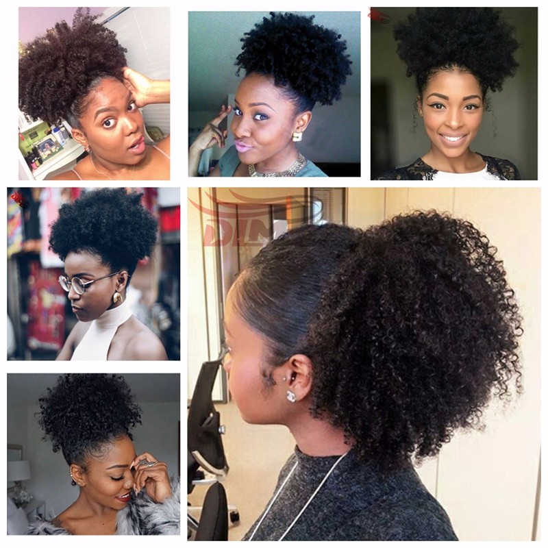 Unprocessed Natural color dyeable afro puff curly drawstring ponytail clip in human hair pony tail hair pieces 3c afro kinky curly