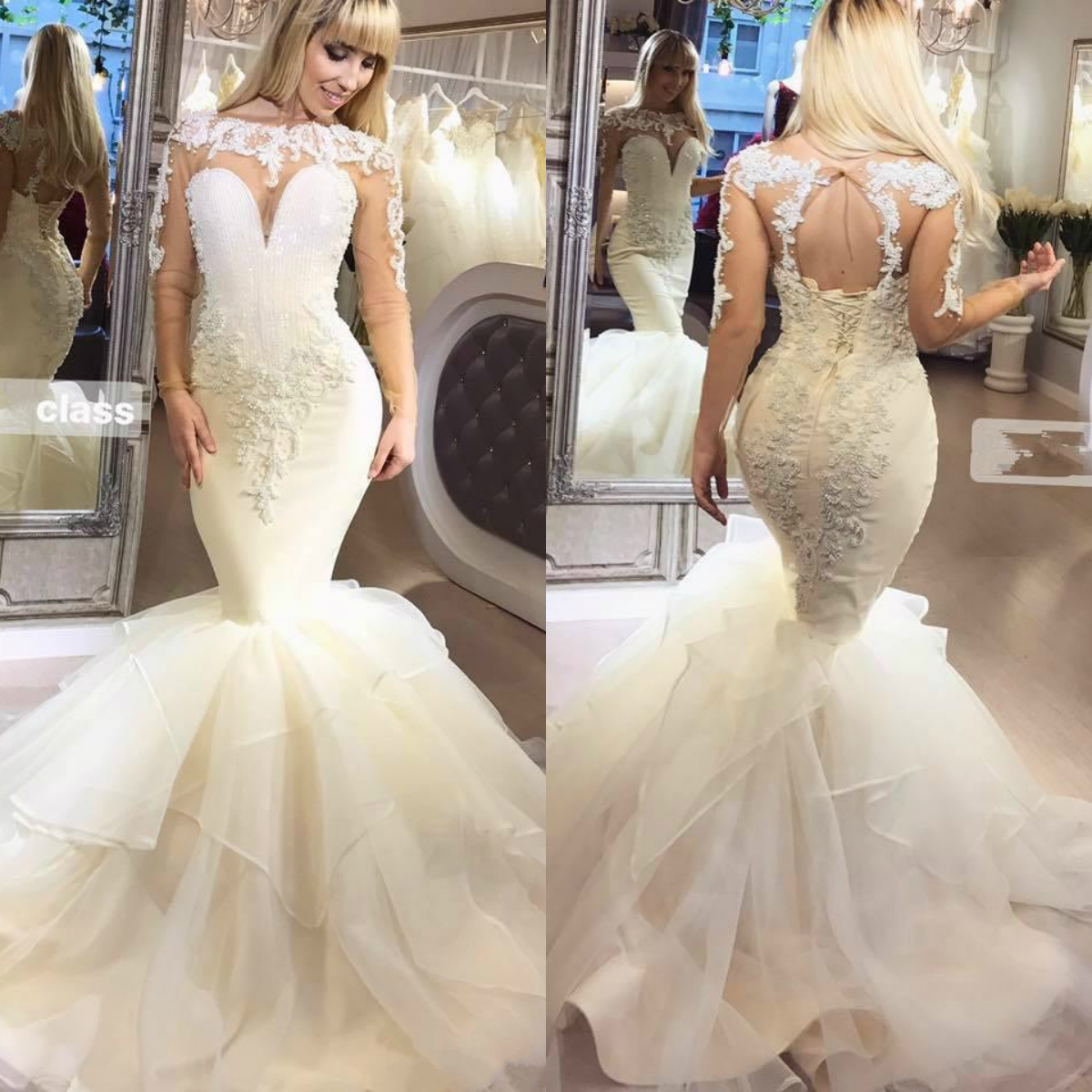 2019 Mermaid Long Sleeve Wedding Dresses Beaded Lace Appliqued Tiered Skirts Wedding Dress Sweep Train Boho Beach Bridal Gowns