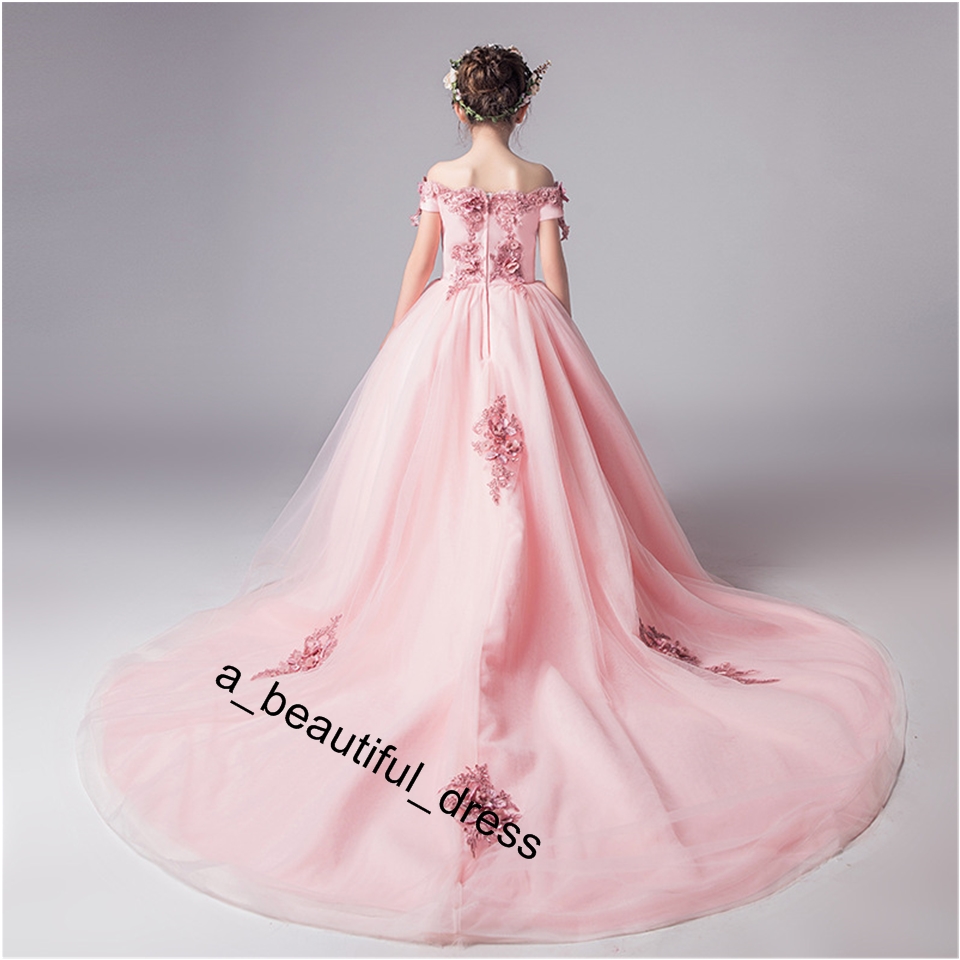 Pink Bead Decoration Long Flower Girl Dress New Girl Ball Gown pageant Wedding Party Exchange Dress Ball Beauty Sexy Shoulder Dress FG1271