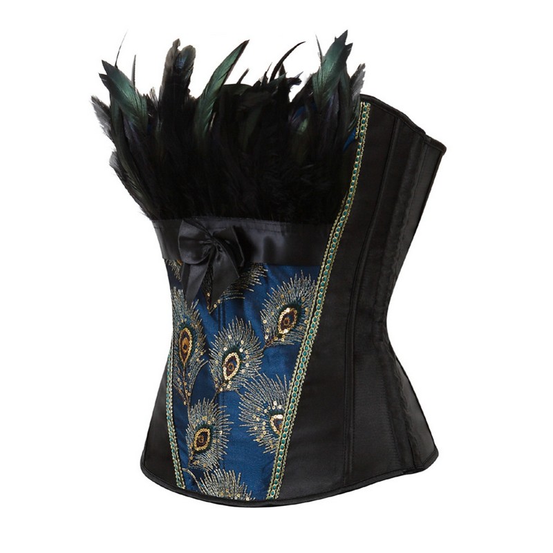 Women Plus Size S-6XL Peacock Embroidery Brocade Burlesque Overbust Corset Fashion Classic Lace-up Bustier Dancing Corset Top with Feathers