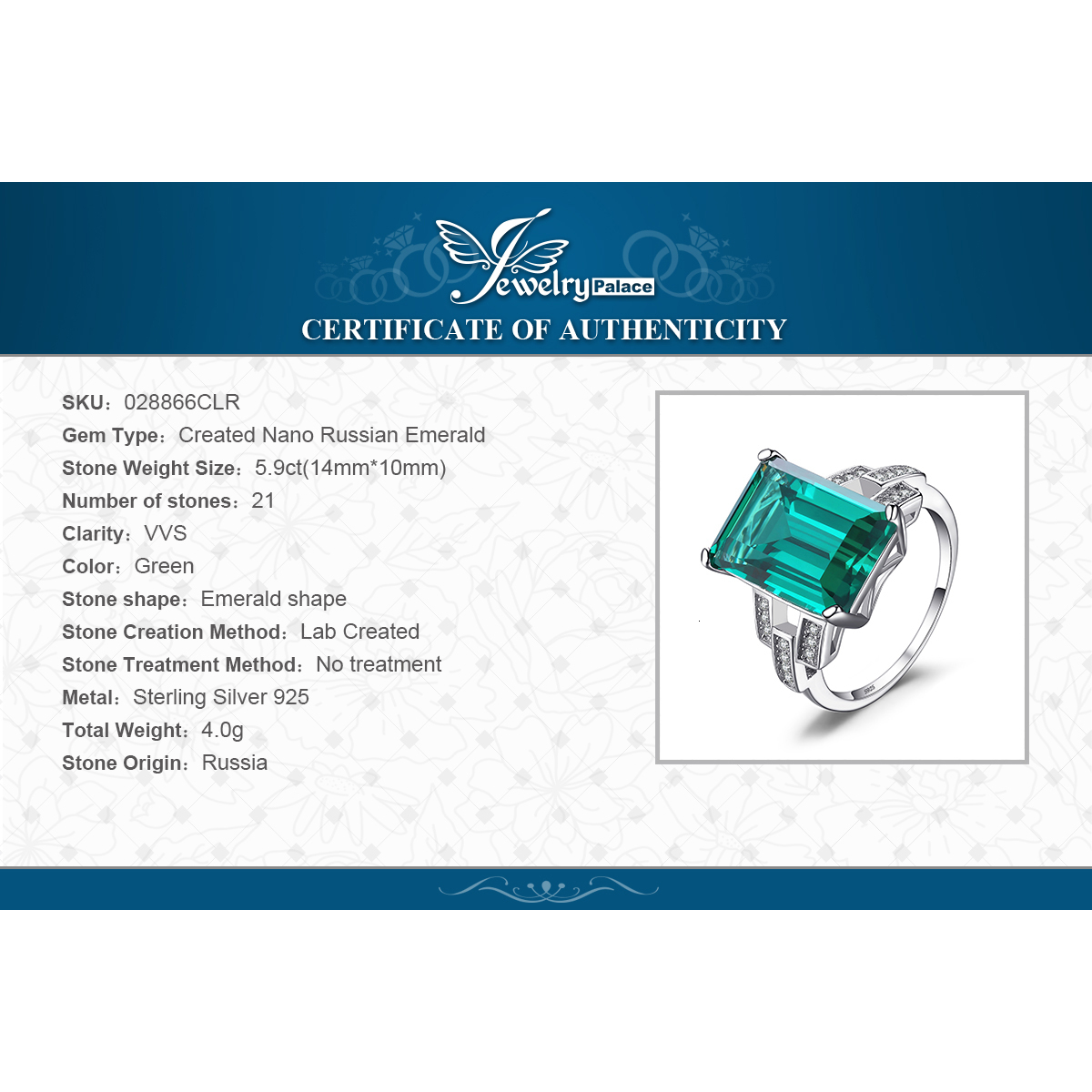 JewelryPalace 5.9ct Created Nano Emerald Ring 925 Sterling Silver Rings for Women Engagement Ring Silver 925 Gemstones Jewelry V191202