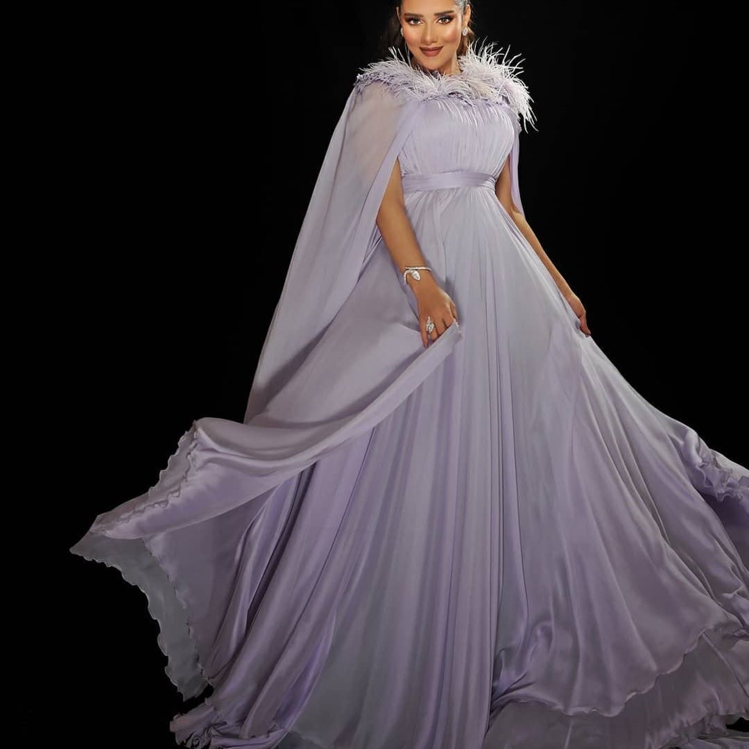 2020 Light Purple Prom Dresses With Cape A Line Ruffles Feather Fairy Evening Gowns Custom Made Cheap Formal Dress Party Wear