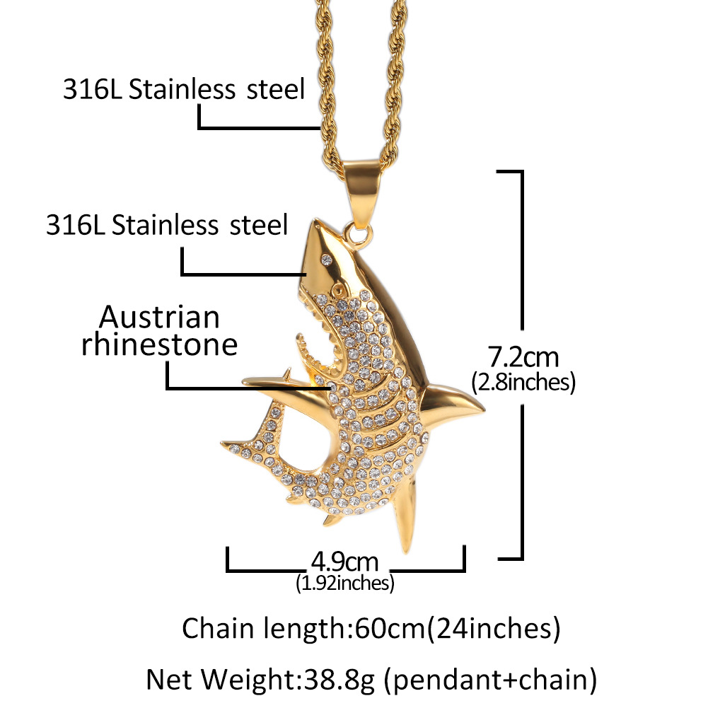 New Fashion Gold Plated Stainless Steel Bling Diamond Mens Shark Pendant Chain Necklace personalized Hip Hop Rapper Jewelry Gifts for Men