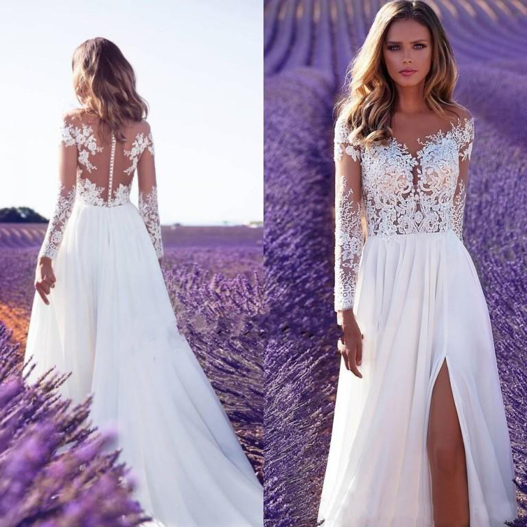 2020 Beach Sheer Neck Appliques Wedding Dress Long Sleeves Backless Bridal Gowns Robe de mariee New Cheap Bohemian Lace Wedding Dresses, Nude
2020 Beach Sheer Neck Appliques Wedding Dress Long Sleeves Backless Bridal Gowns Robe de mariee New Cheap Bohemian Lace Wedding Dresses, Nude