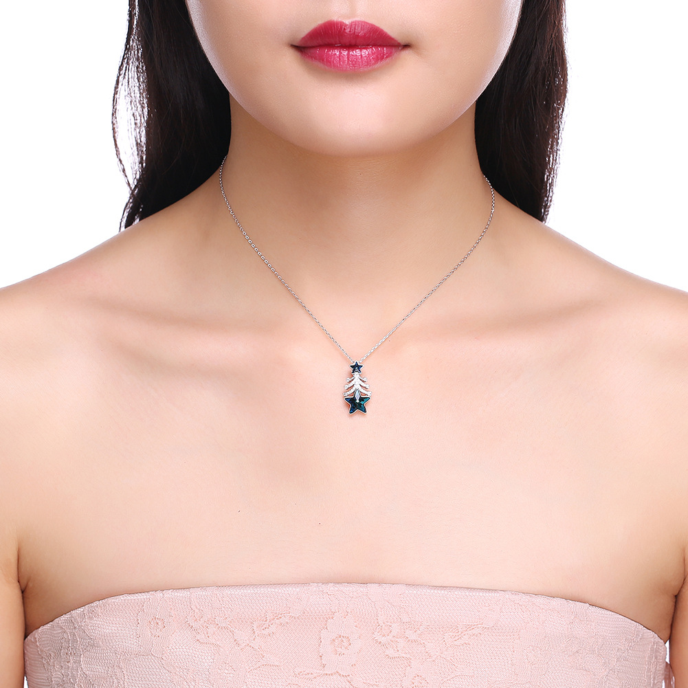 Fashion- sterling silver Christmas tree star crystal pendant necklace sterling silver collarbone chain