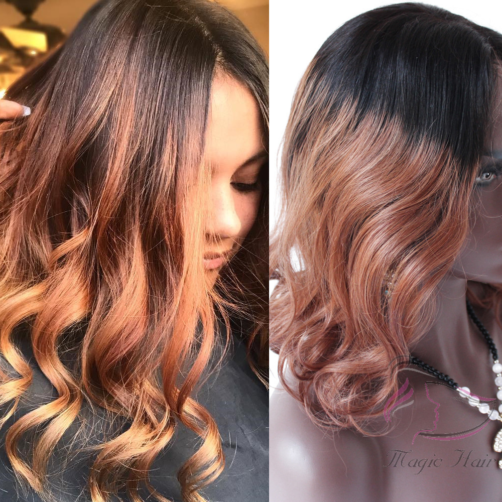 T1b/33# Ombre Dark Auburn Brown Color Wavy 4x4 Lace Closure Brazilian Human Hair Wig 8inch to 26inch Human Hair Wigs