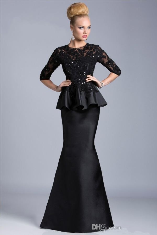 2019 Elegant Black Mother Of The Bride Dresses Jewel Neck 3/4 Long Sleeves Lace Appliques Beads Sash Peplum Mermaid Wedding Guest Dresses