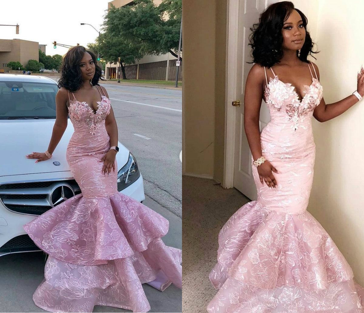 2019 Pink Mermaid Prom Dresses New Spaghetti Lace 3D Floral Appliqued Beaded Evening Gowns Tiered Skirts Black Girl robes de soirée