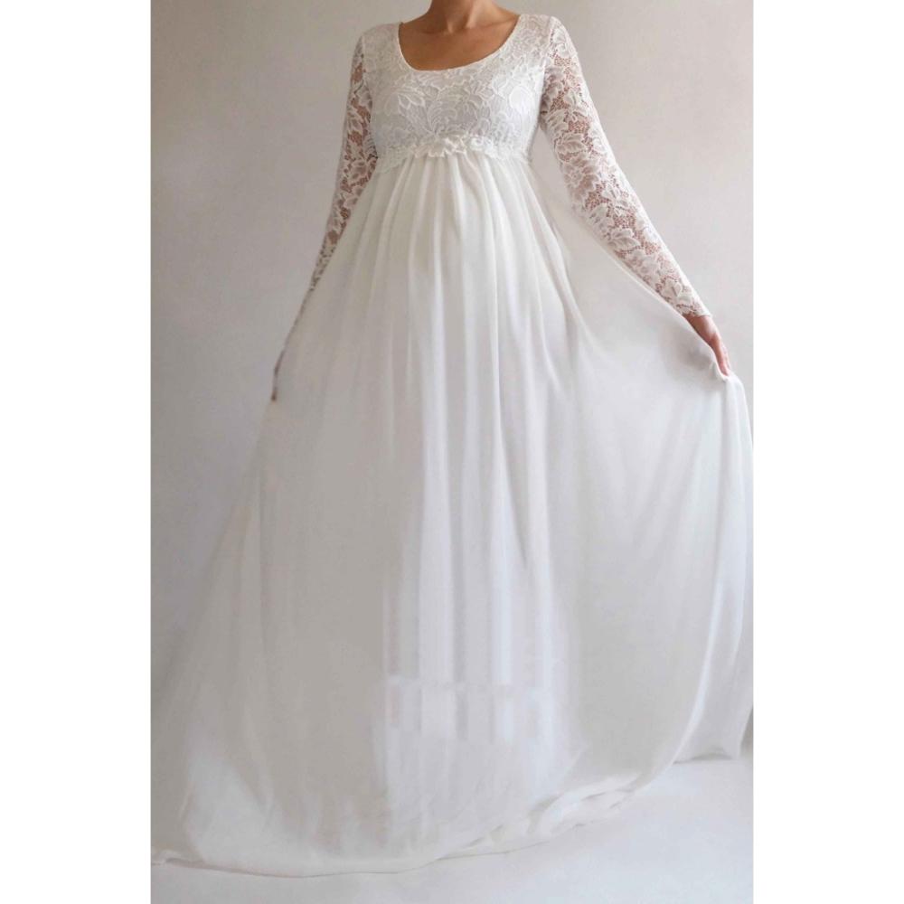 Empire Beautiful Lace Maternity Wedding Dresses 2020 Flare Sleeves Scoop Necke Pregnant Bridal Gowns High Waist Chiffon Vestidos AL4304