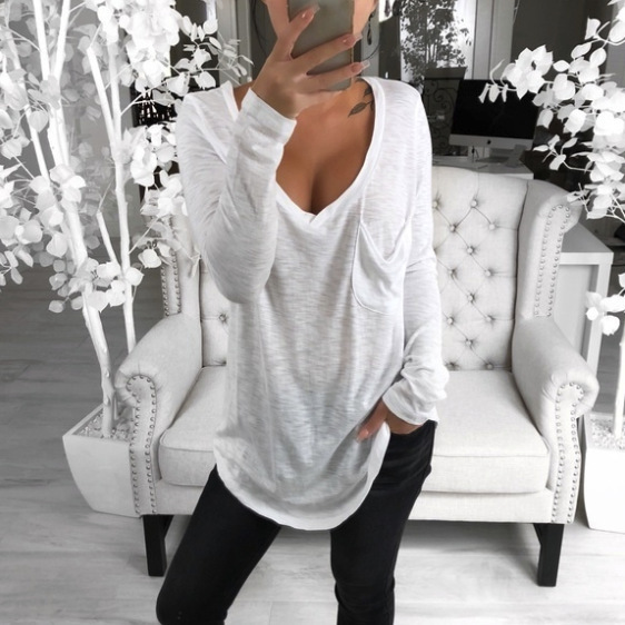 Spot 2021 European Spring and Summer Fashion Long Sleeve Sexy V-neck Solid Color Turtleneck T-Shirt Support Mixed Batch