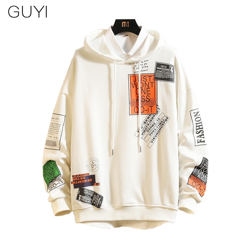 GUYI Letter Printed Hooded Men Pullover Hoodies Sweatshirts Male Harajuku Hip Hop Hipster Streetwear White Hoodie Off Tops 2019 T200116