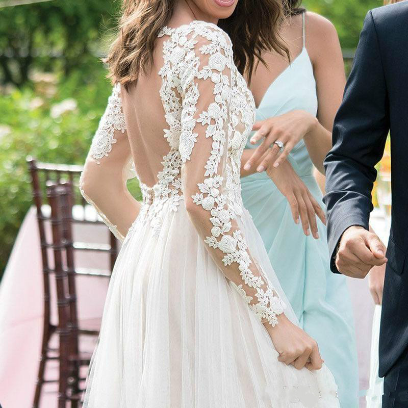2020 New Country Bohemian Long Sleeve Wedding Dress A Line Sheer Neck Backless With Appliques Floor Length Garden Bridal Gowns Plus Size