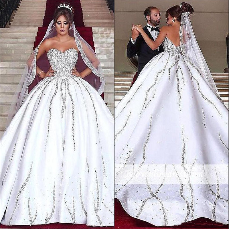 Luxury Arabic Sweetheart Satin Ball Gown Wedding Dresses Beaded Stones Sweep Train Wedding Bridal Gowns