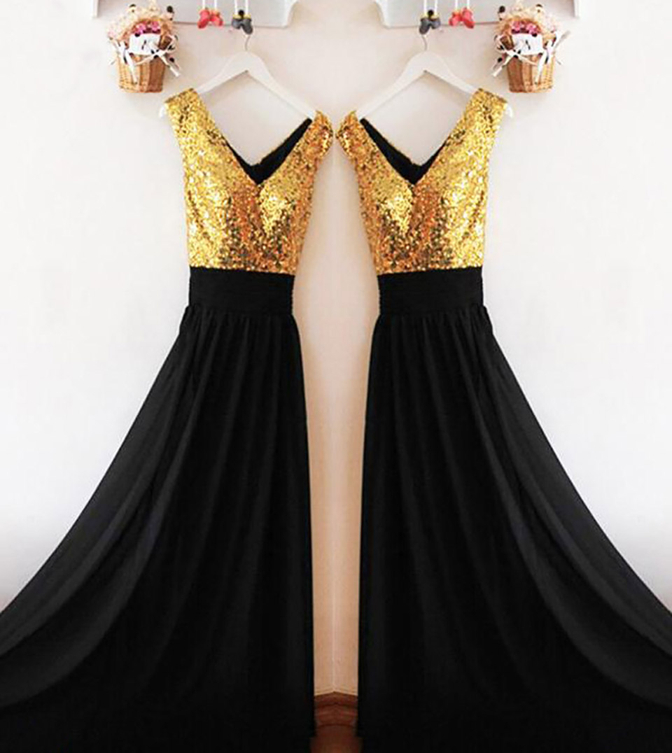 Gold Sequins Black Chiffon Bridesmaid Dresses V-Neck Floor Length Maid Of Honor Dress Wedding Guest Gowns Plus Size Cheap