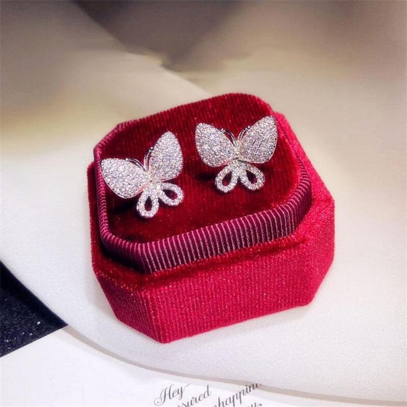 Sweet Cute Luxury Sparkling Jewelry 925 Sterling Silver Pave White Sapphire CZ Diamond Gemstones Women Butterfly Wedding Stud Earring Gift