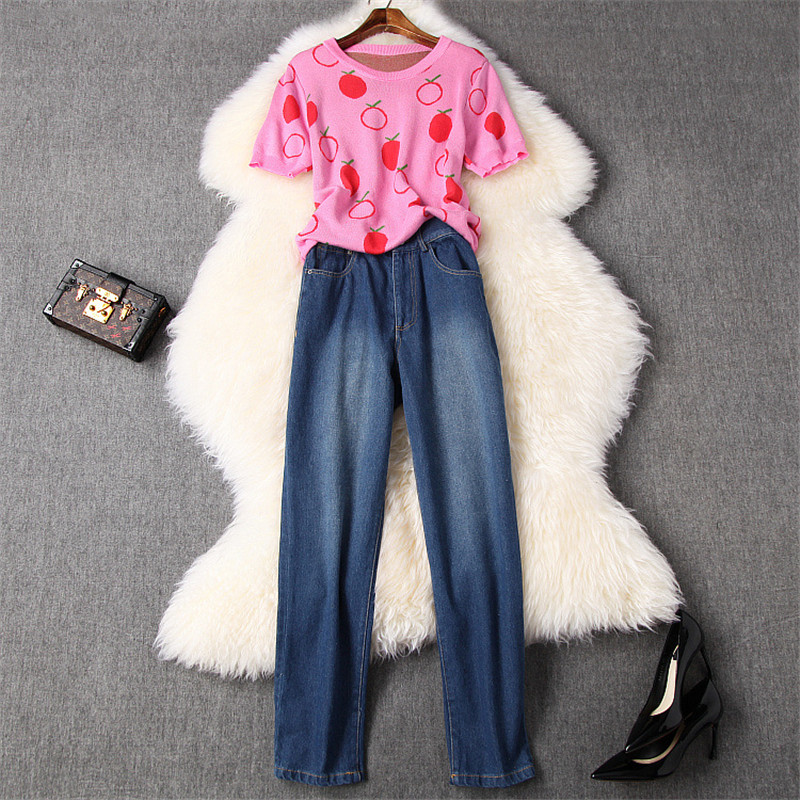 Women 2020 Casual Twinset Short Sleeve Print Knitted Top and Jeans Pants Sets Young Style Fashion Summer Lady Pants 2Piece Set, Pink blue
Women 2020 Casual Twinset Short Sleeve Print Knitted Top and Jeans Pants Sets Young Style Fashion Summer Lady Pants 2Piece Set, Pink blue