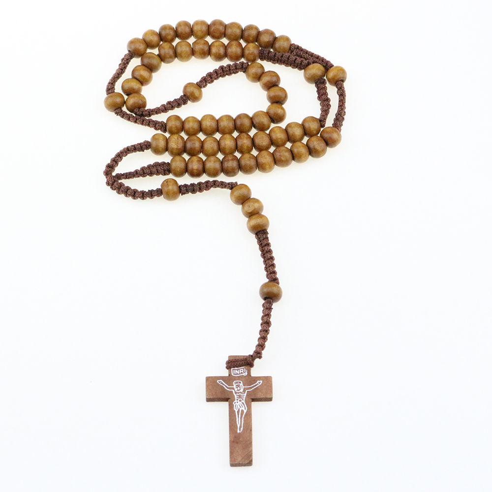 Wholesale- Men Women Catholic Christ Wooden 8mm Rosary Bead Cross Pendant Woven Rope Necklace Black/brown/Beige/ligt brown