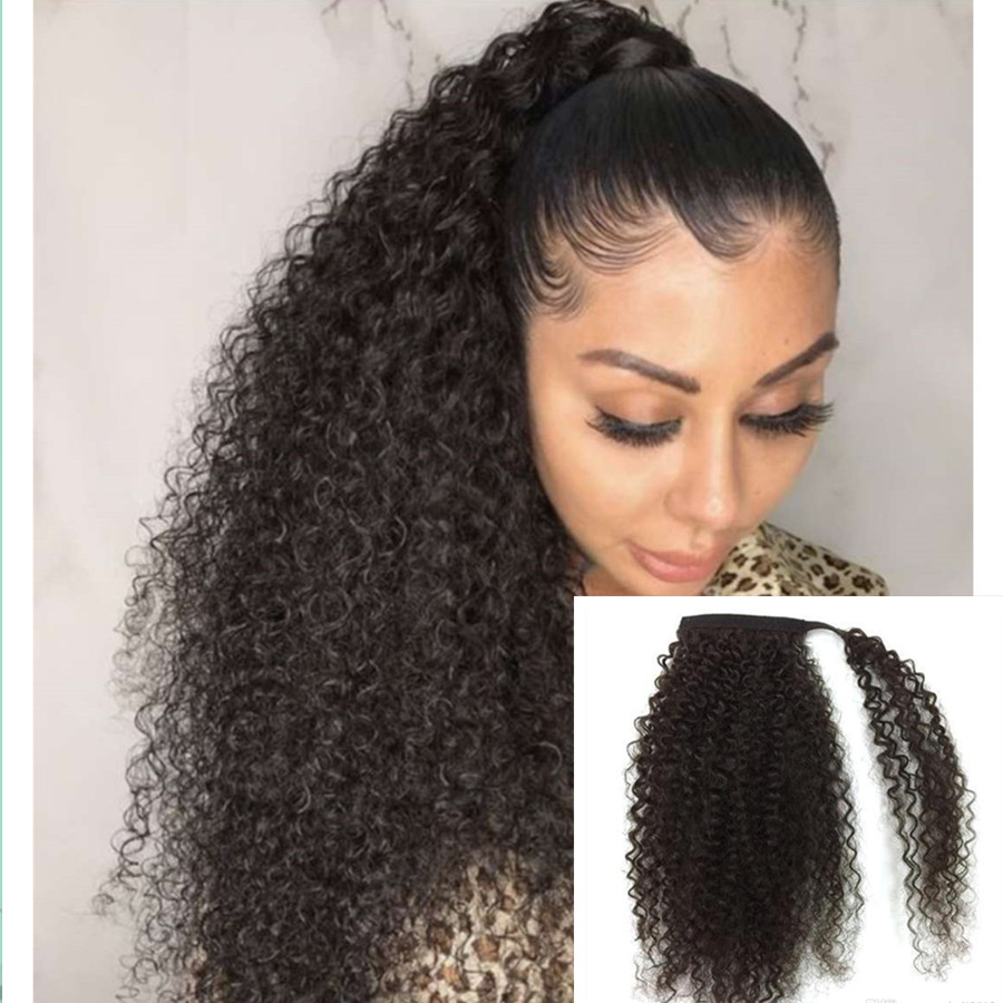 kinky curly human hair ponytails wraps de queue de cheval human hair clip in extensions 100g-160g natural black 1b